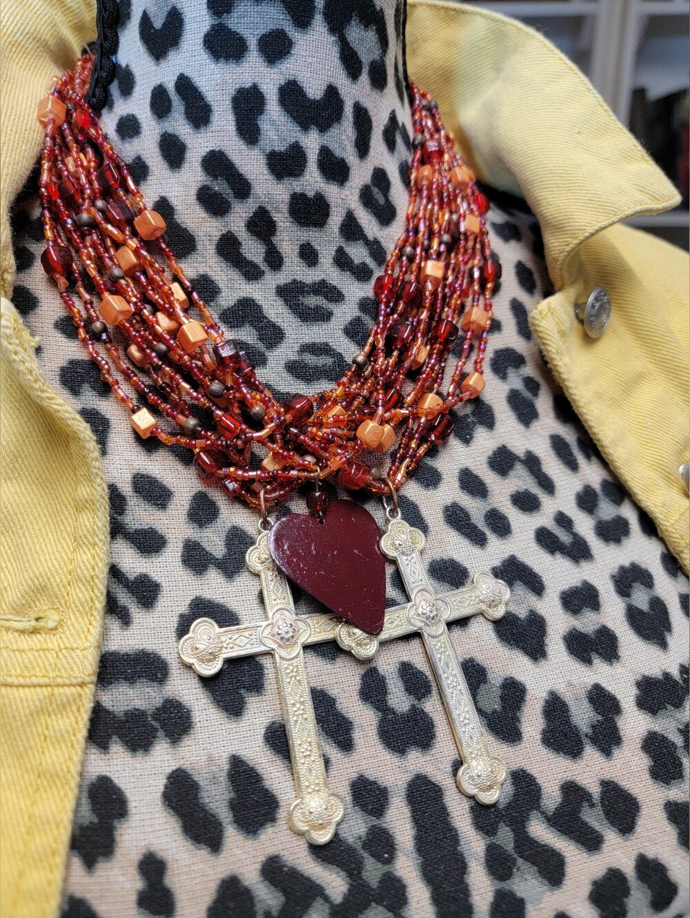 Artisian Beaded Multi-Strand Necklace with Gold Crosses & Heart Pendant